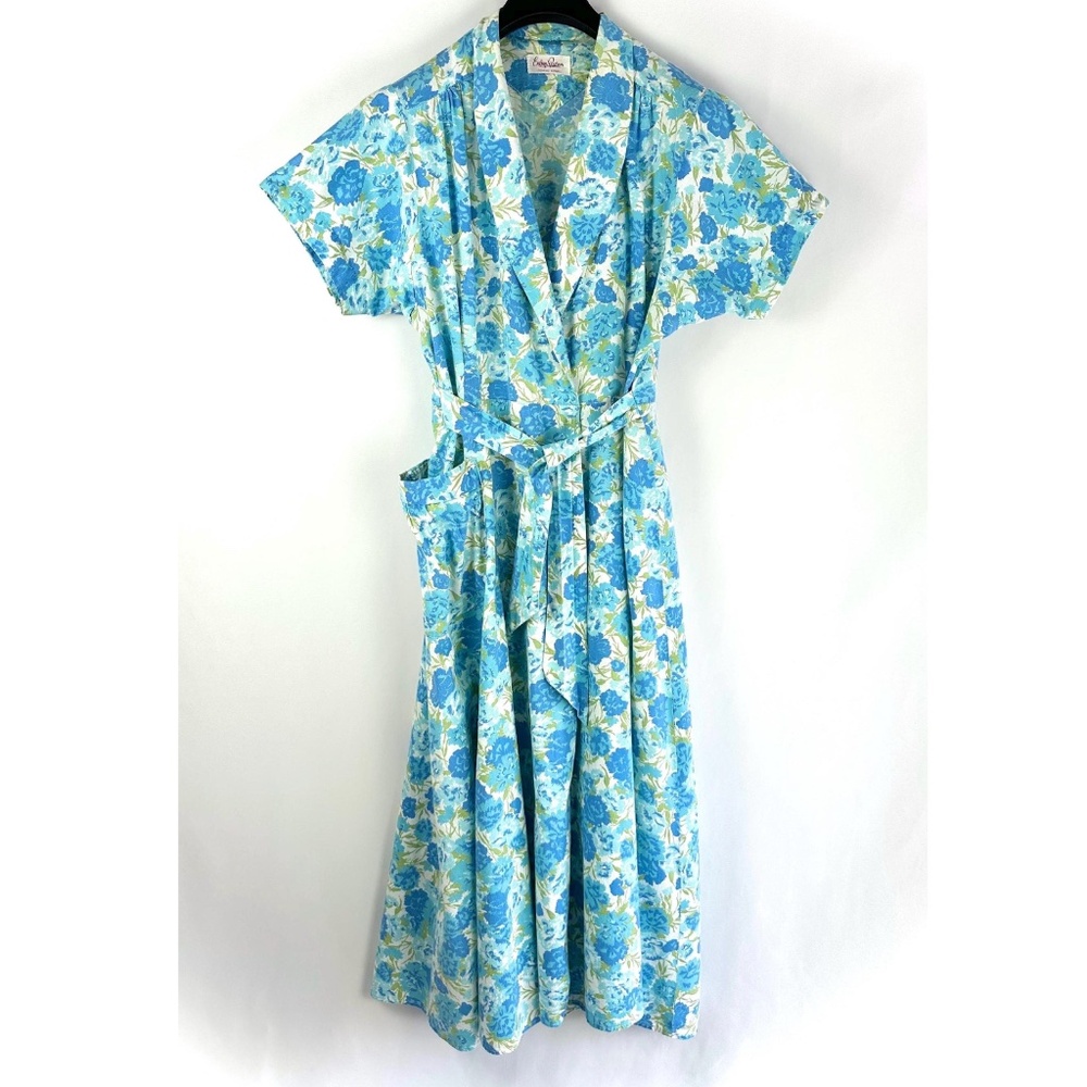 Vintage 40’s 50’s Evelyn Pearson Maxi Floral Belted Wrap Dress - Blue - S/M
